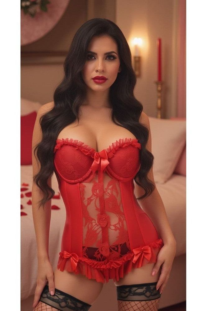 Lavish Red Lycra & Lace Hook & Eye Stretch Bustier Corset