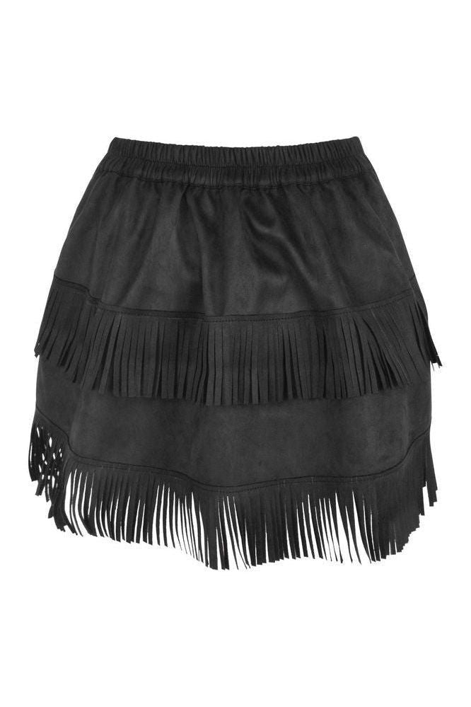 Black Suede Ruched Bustle Skirt w/Fringe - Daisy Corsets