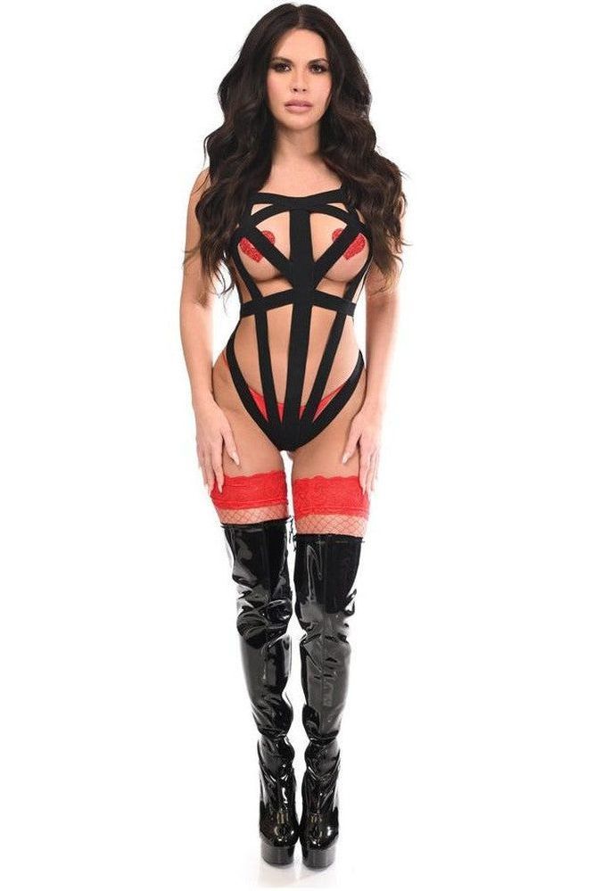 BOXED Black Stretchy Body Harness Bodysuit w/Silver Hardware - Daisy Corsets