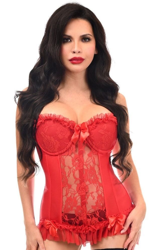 Lavish Red Lycra & Lace Hook & Eye Stretch Bustier Corset - Daisy Corsets
