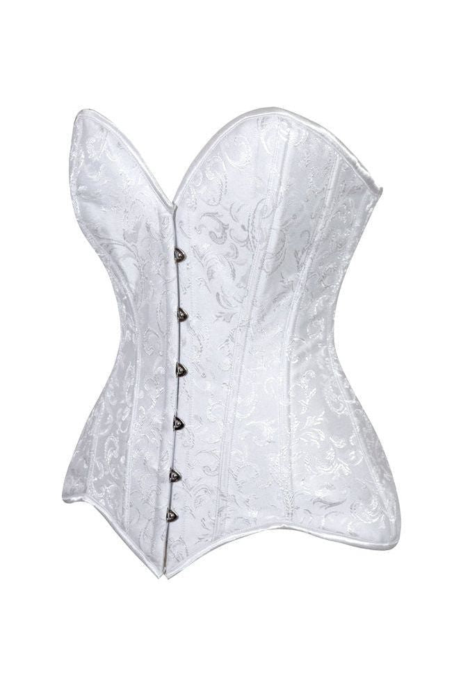 Lavish White Brocade Overbust Corset W/Busk Closure