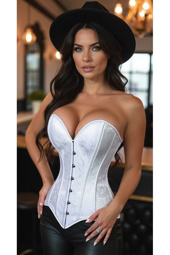 Lavish White Brocade Overbust Corset W/Busk Closure - Daisy Corsets