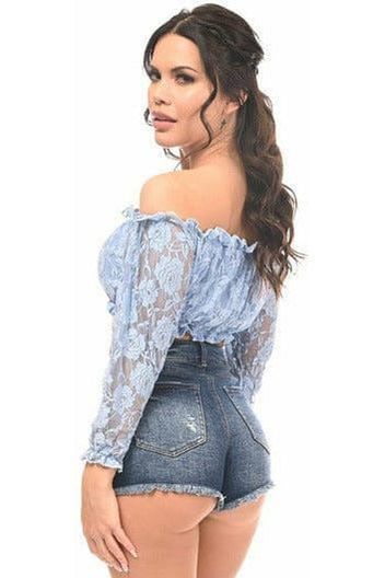 Lt Blue Lined Lace Long Sleeve Peasant Top - Daisy Corsets