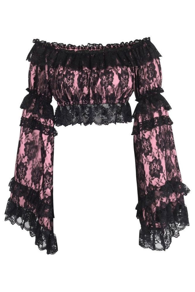 Pink/Black Lace Smocked Flare Sleeve Peasant Top - Daisy Corsets