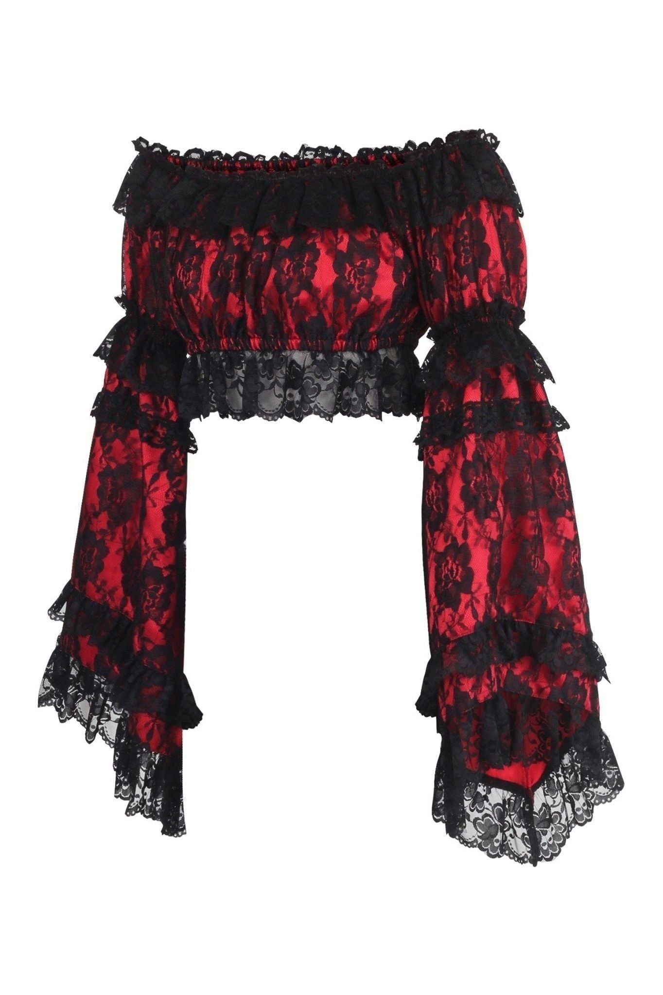 Red/Black Lace Smocked Flare Sleeve Peasant Top - Daisy Corsets