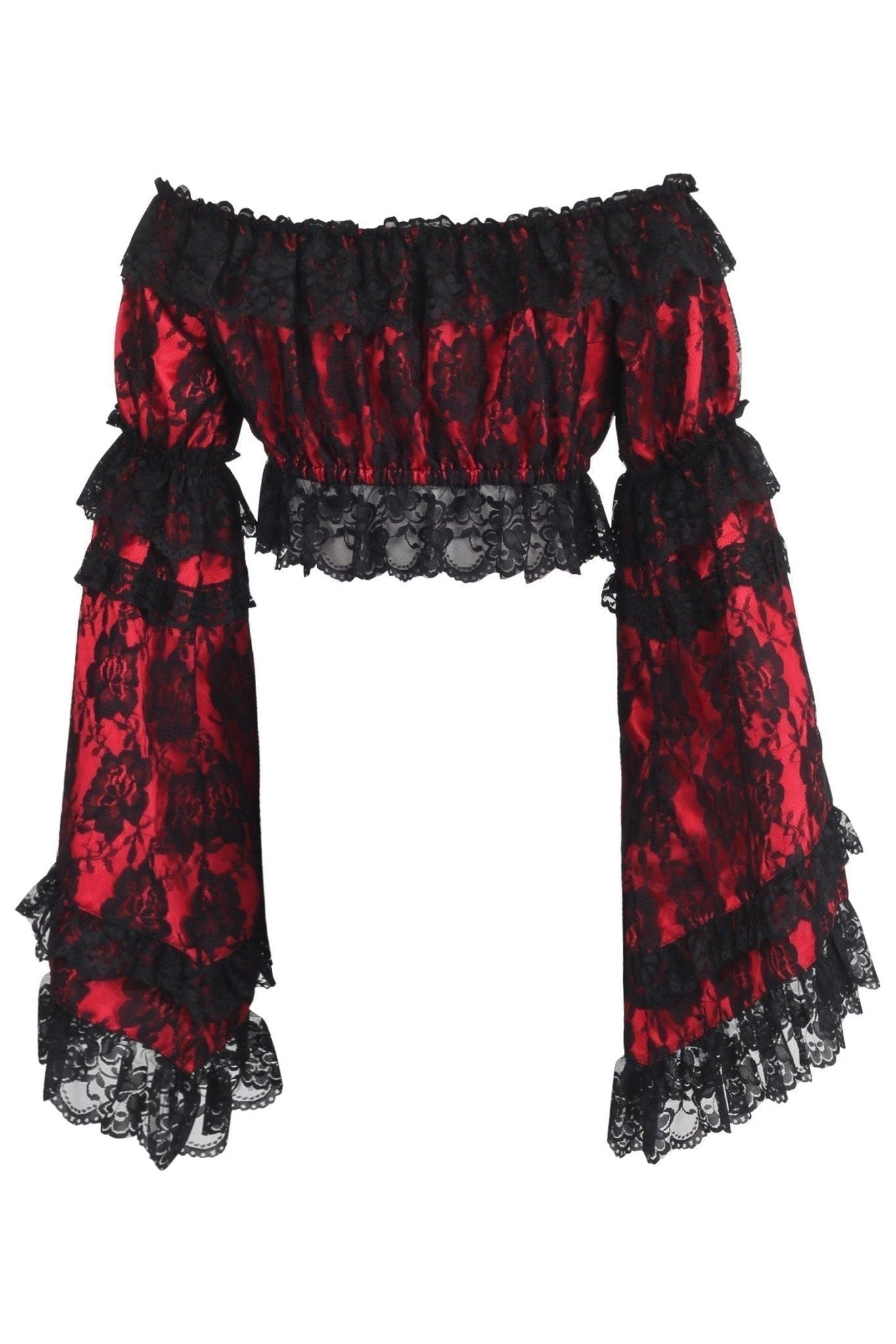 Red/Black Lace Smocked Flare Sleeve Peasant Top - Daisy Corsets