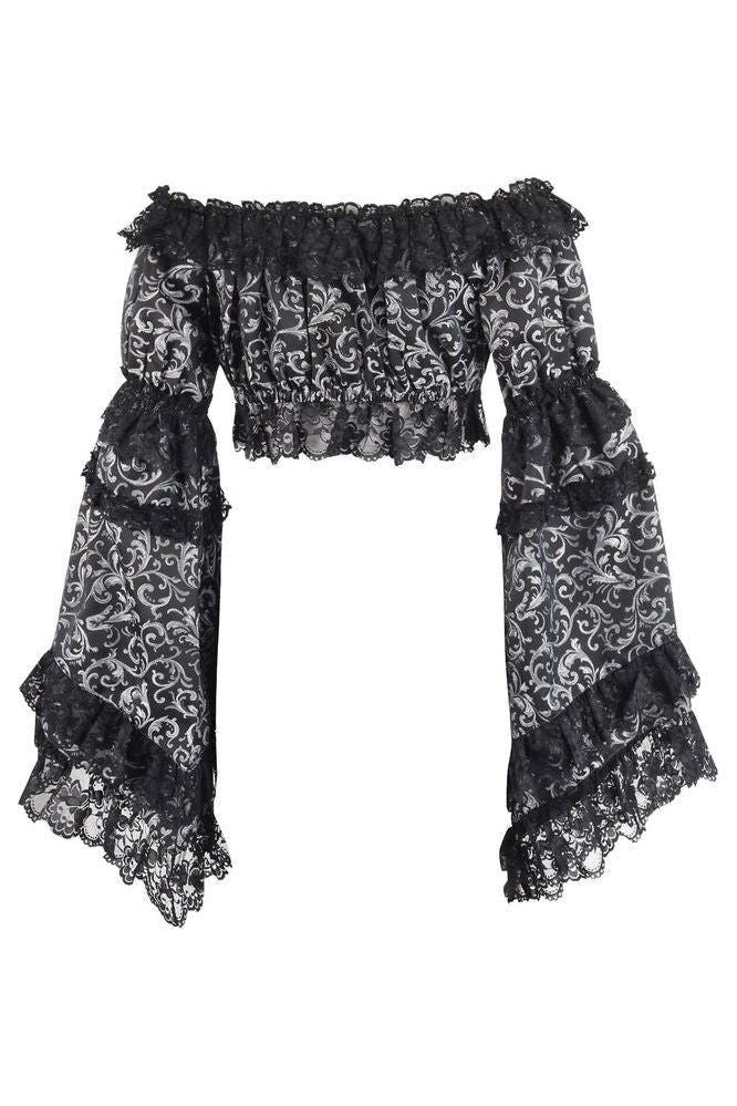 Silver/Black Brocade Smocked Flare Sleeve Peasant Top - Daisy Corsets