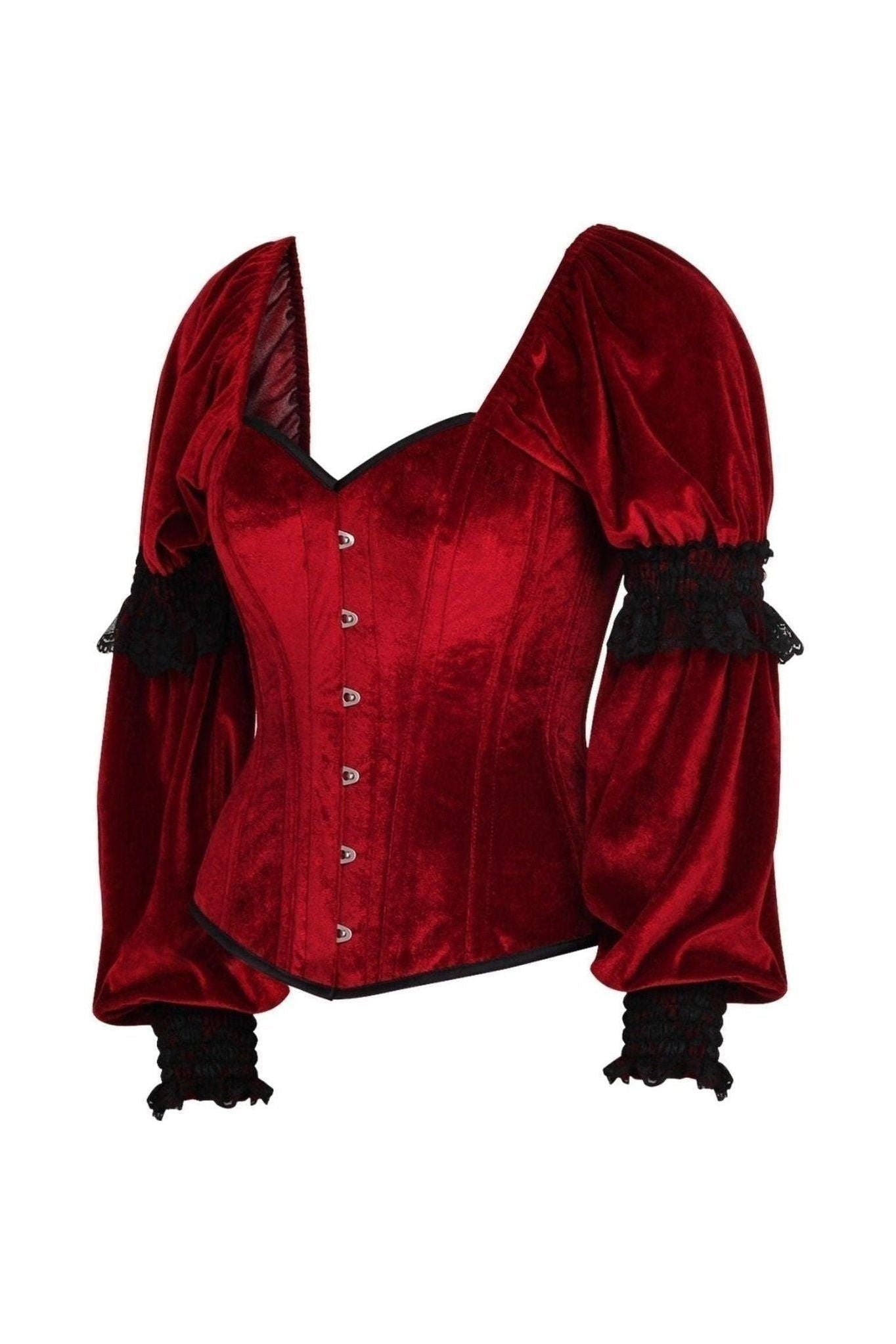 Top Drawer Dark Red Velvet Steel Boned Long Sleeve Corset - Daisy Corsets