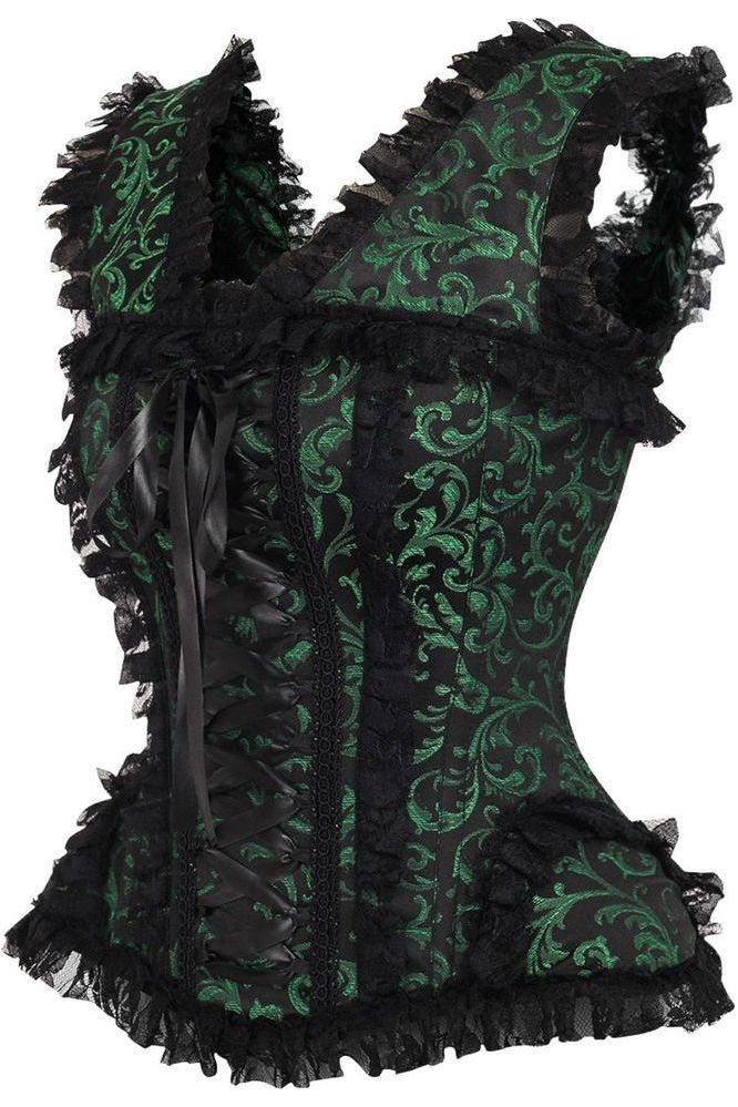 Top Drawer Green/Black Swirl Brocade & Lace Steel Boned Corset w/Cap Sleeves - Daisy Corsets