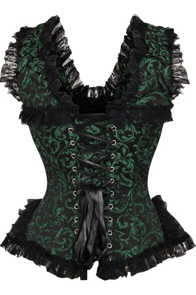 Top Drawer Green/Black Swirl Brocade & Lace Steel Boned Corset w/Cap Sleeves - Daisy Corsets