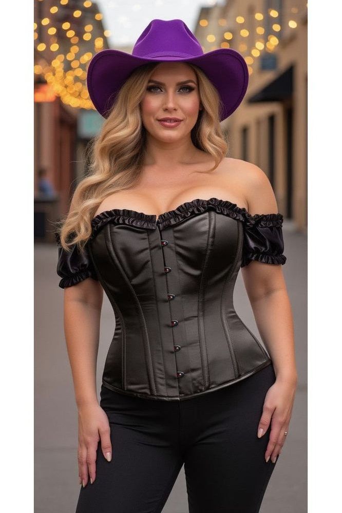 Top Drawer Steel Boned Black Satin Overbust Corset w/Sleeves - Daisy Corsets