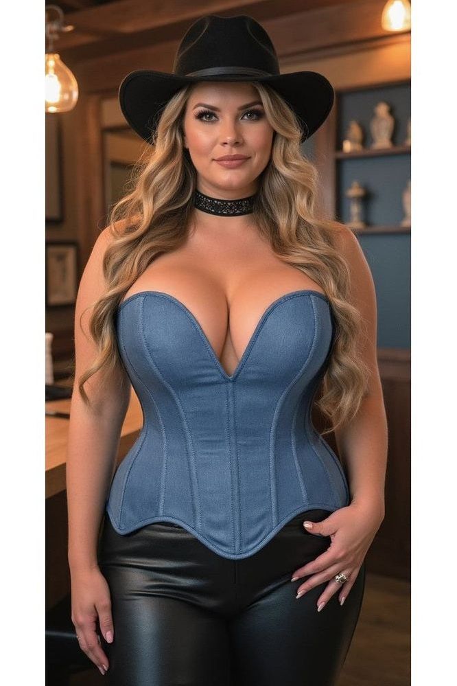 Top Drawer Steel Boned Blue Denim Plunge Neckline Overbust Corset - Daisy Corsets