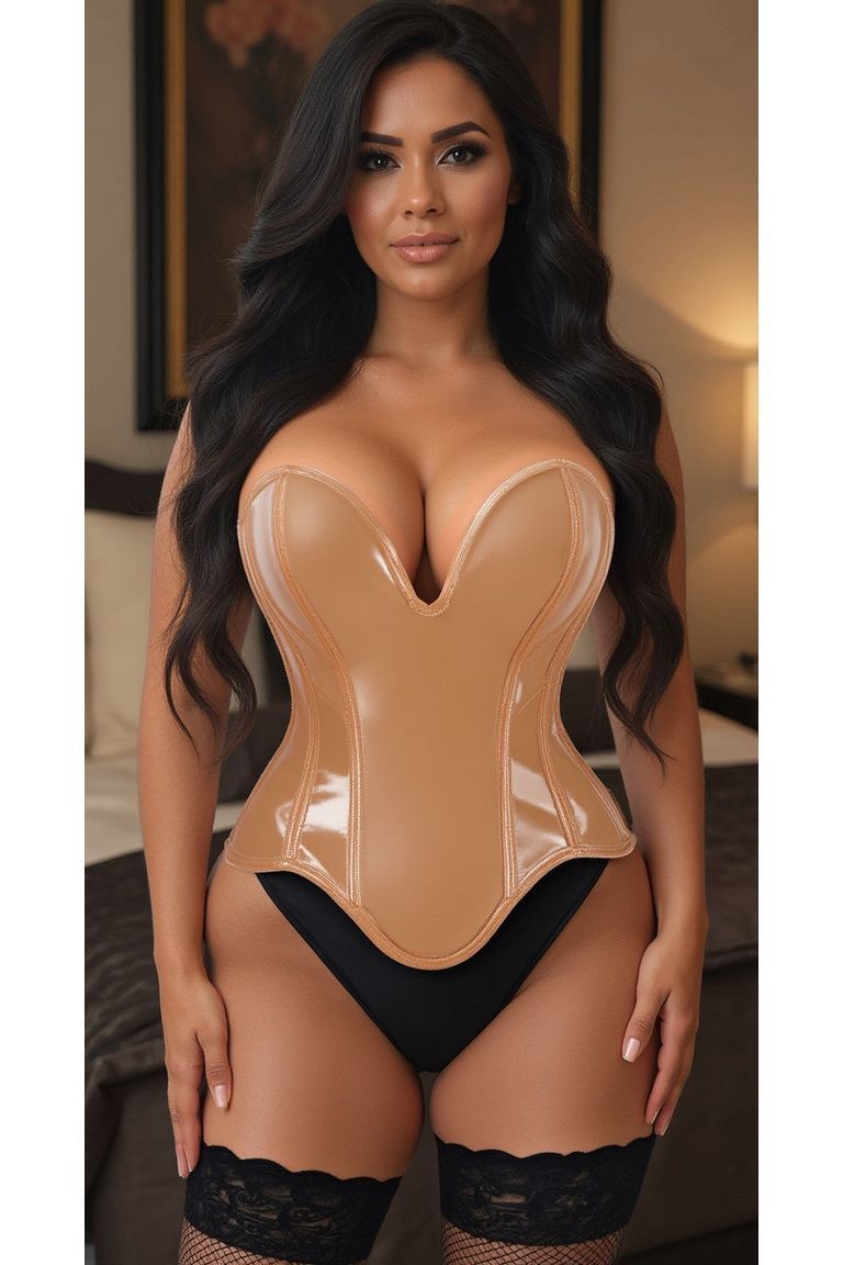 Top Drawer Steel Boned Caramel Patent Plunge Neckline Overbust Corset - Daisy Corsets