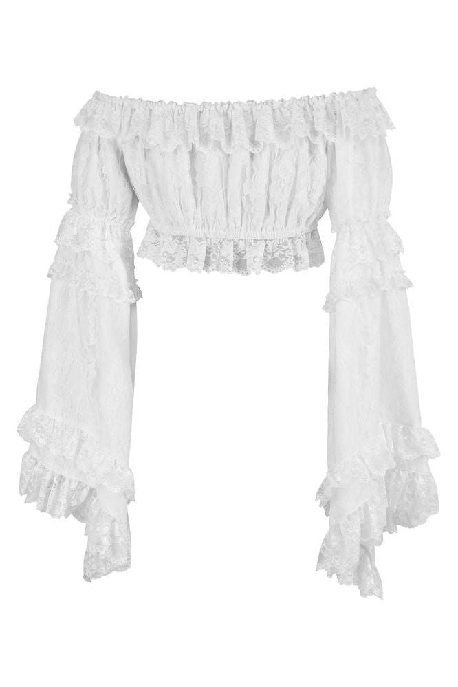 White Lace Smocked Flare Sleeve Peasant Top - Daisy Corsets