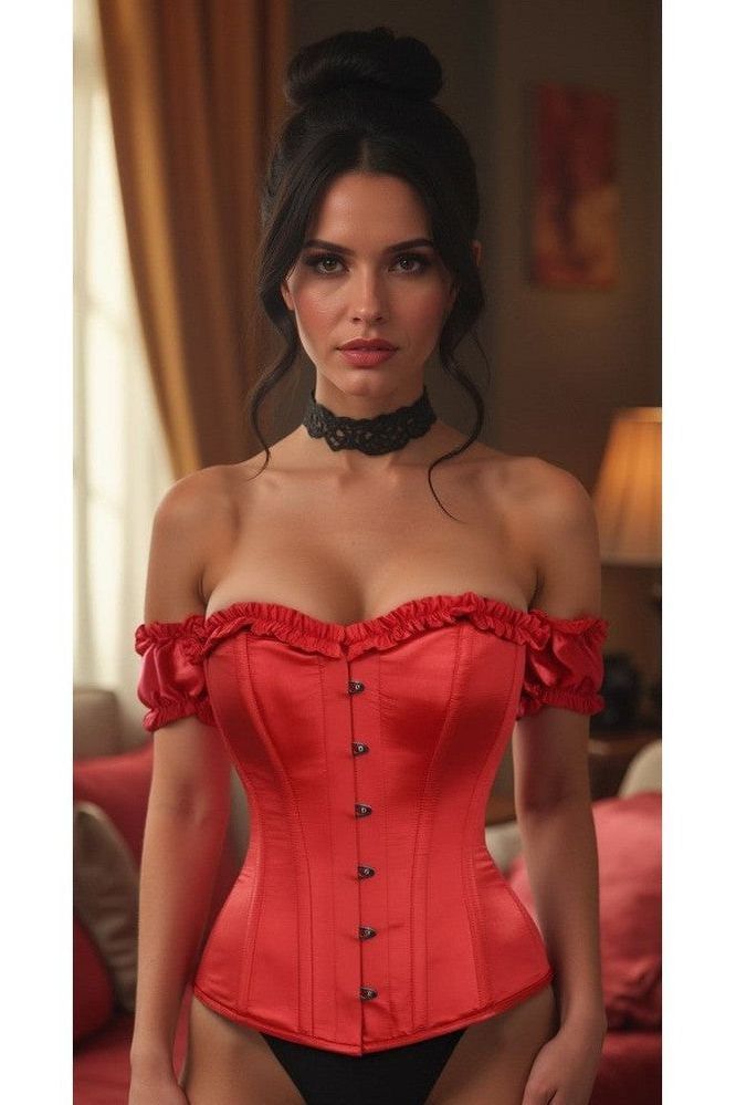Top Drawer Steel Boned Red Satin Overbust Corset w/Sleeves