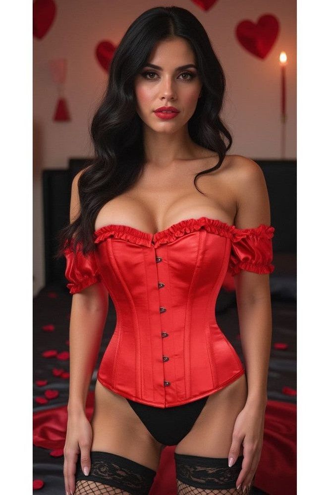 Top Drawer Steel Boned Red Satin Overbust Corset w/Sleeves
