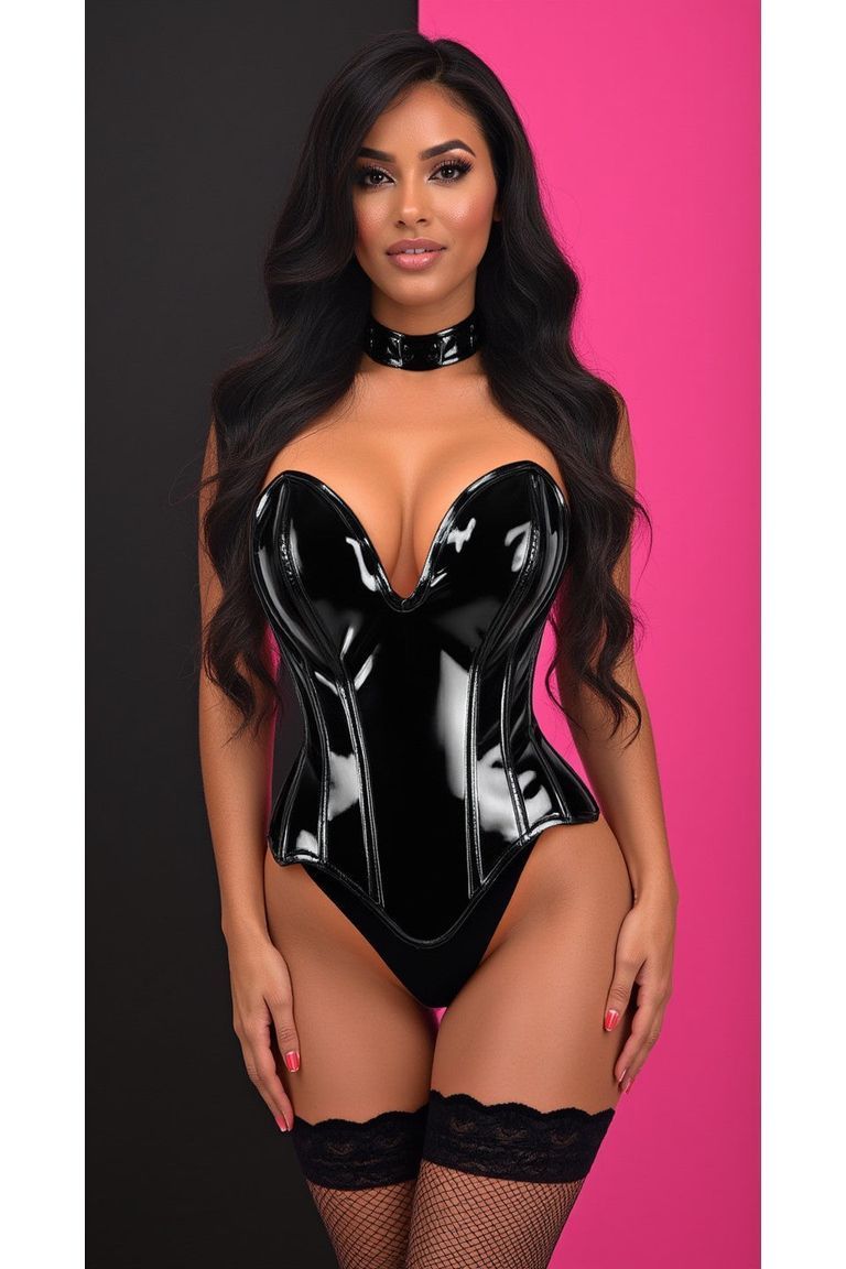 Top Drawer Steel Boned Black Patent Plunge Neckline Overbust Corset