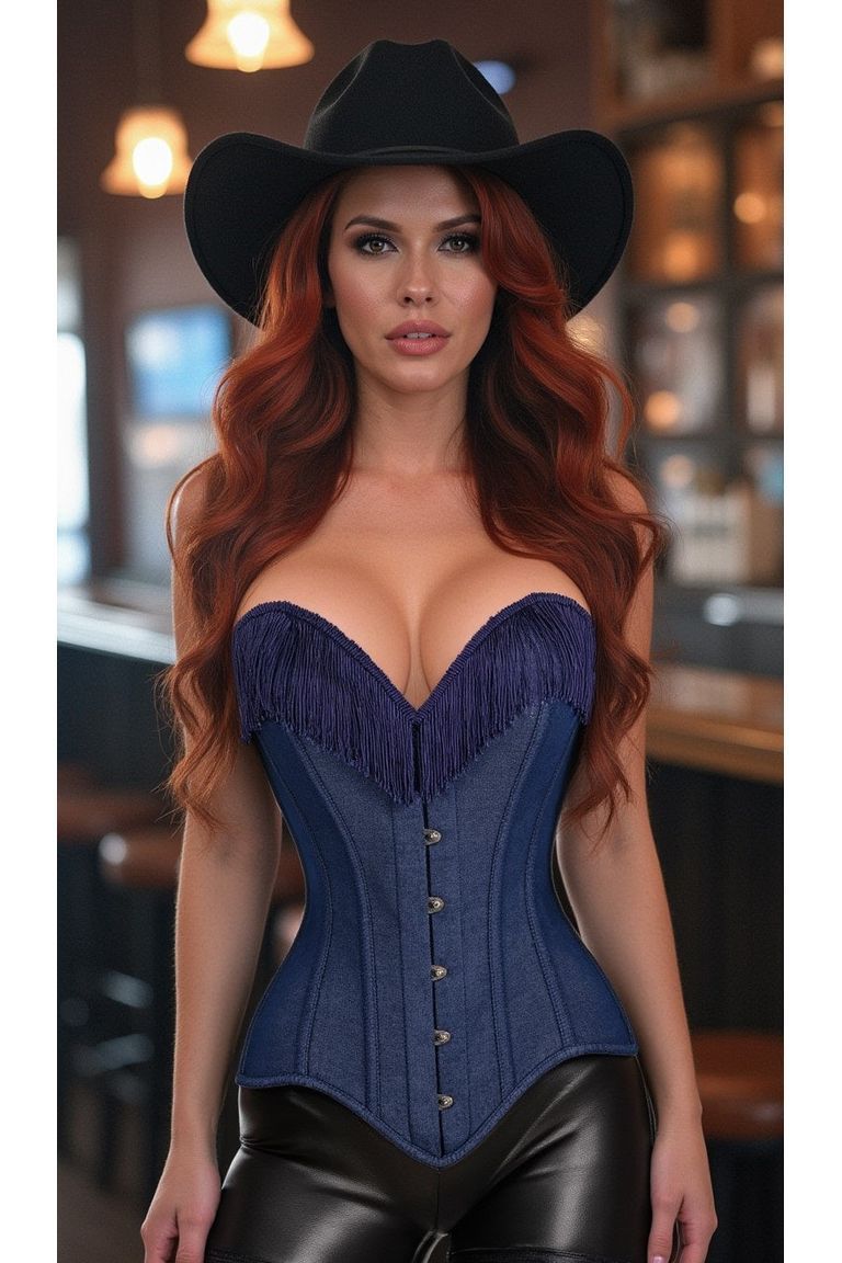 Top Drawer Dark Blue Denim Steel Boned Overbust Corset w/Fringe