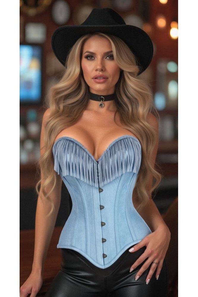 Top Drawer Light Blue Denim Steel Boned Overbust Corset w/Fringe