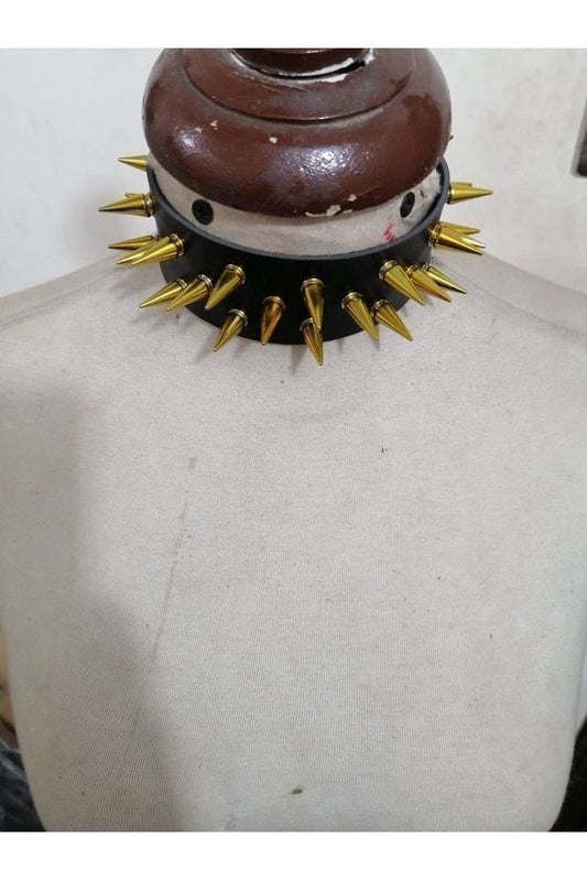 Black Faux Leather & Gold Metallic Spike Choker - Daisy Corsets