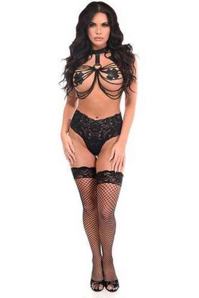 Black Vegan Leather & Black Metallic Chains Body Harness