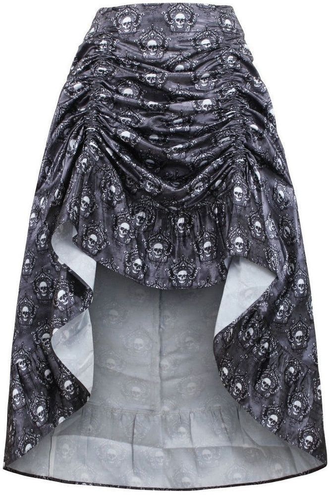 Black & White Skull Satin Adjustable High Low Skirt - Daisy Corsets