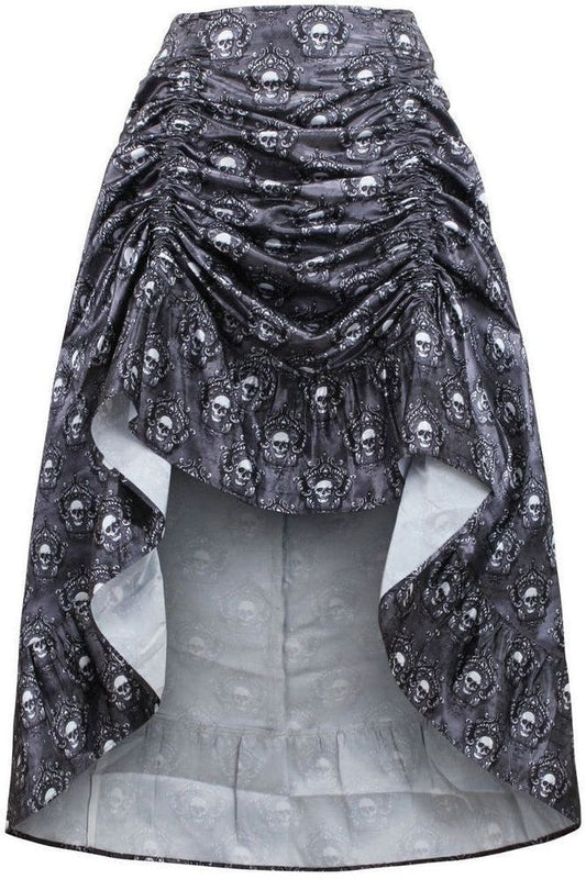 Black & White Skull Satin Adjustable High Low Skirt - Daisy Corsets