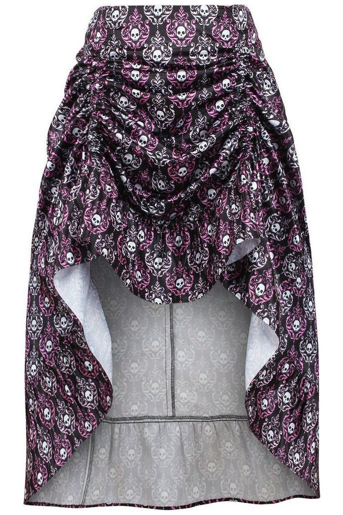 Black/White/Purple Skull Satin Adjustable High Low Skirt - Daisy Corsets