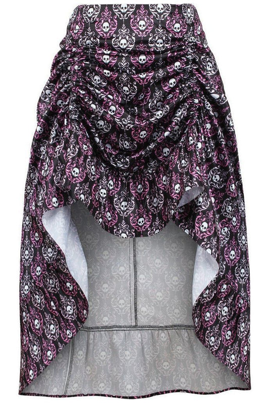 Black/White/Purple Skull Satin Adjustable High Low Skirt - Daisy Corsets