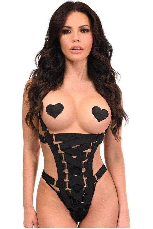 BOXED Black Stretchy Body Harness Bodysuit w/Gold Hardware - Daisy Corsets