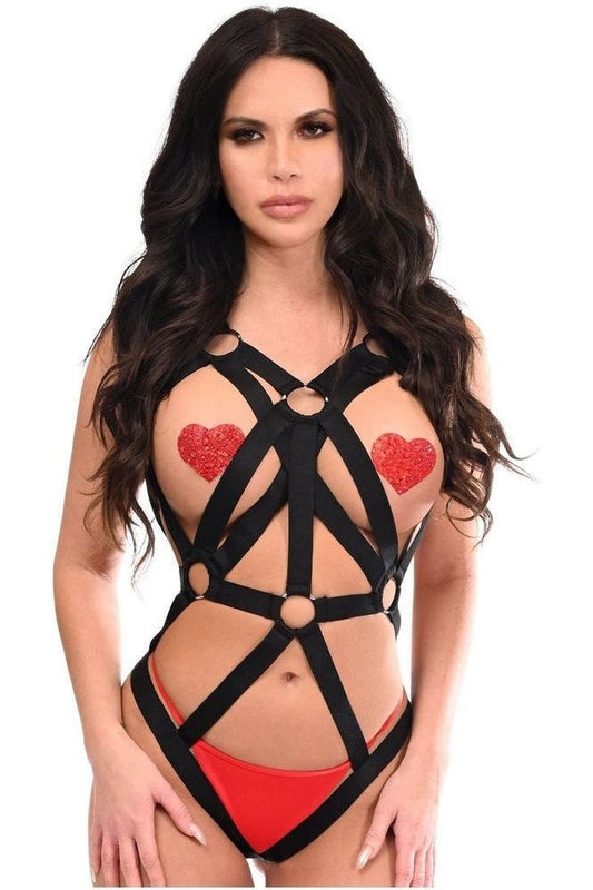 BOXED Black Stretchy Body Harness Bodysuit w/Silver Hardware - Daisy Corsets