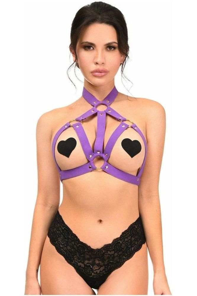 BOXED Dark Purple Stretchy Body Harness w/Gold Hardware