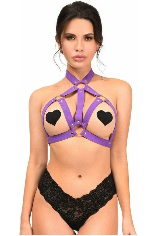 BOXED Dark Purple Stretchy Body Harness w/Gold Hardware