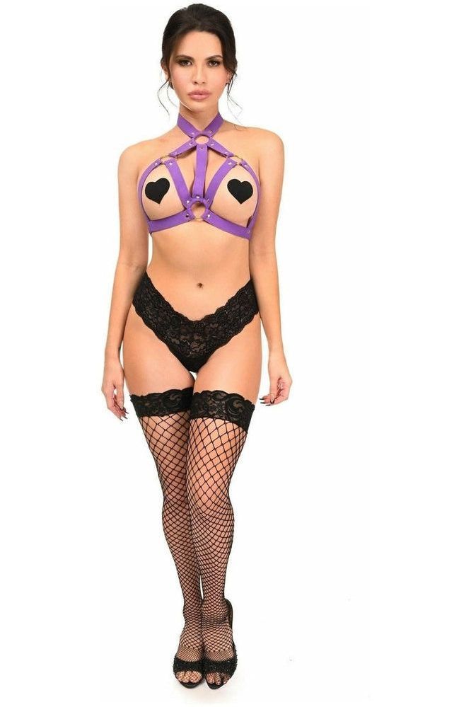 BOXED Dark Purple Stretchy Body Harness w/Gold Hardware