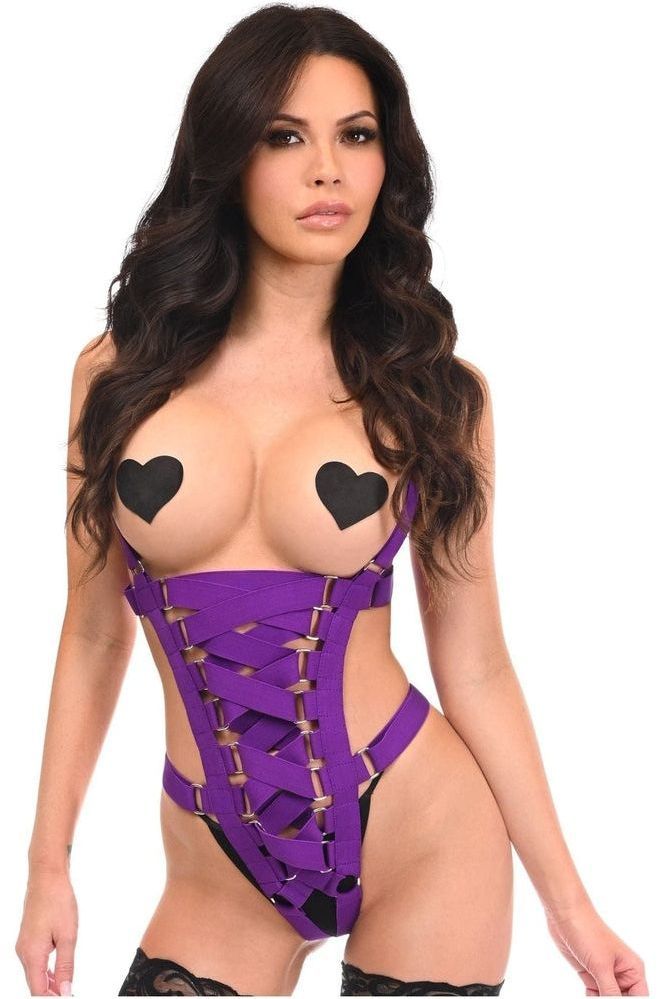 BOXED Purple Stretchy Body Harness Bodysuit w/Silver Hardware - Daisy Corsets