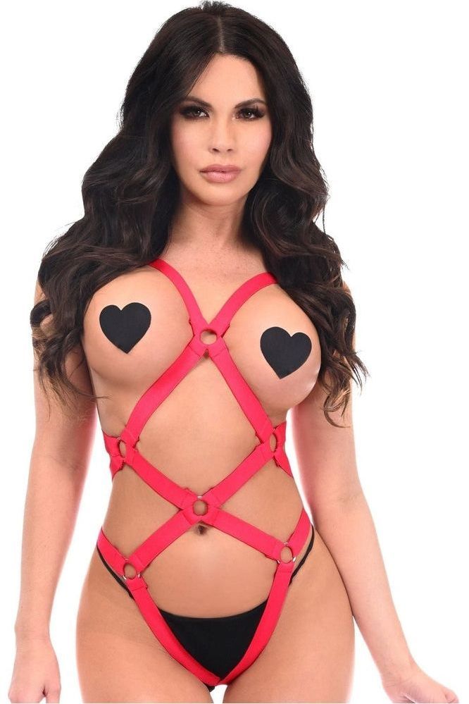 BOXED Red Stretchy Body Harness Bodysuit w/Silver Hardware - Daisy Corsets