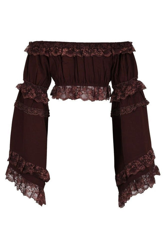 Brown Smocked Flare Sleeve Peasant Top - Daisy Corsets