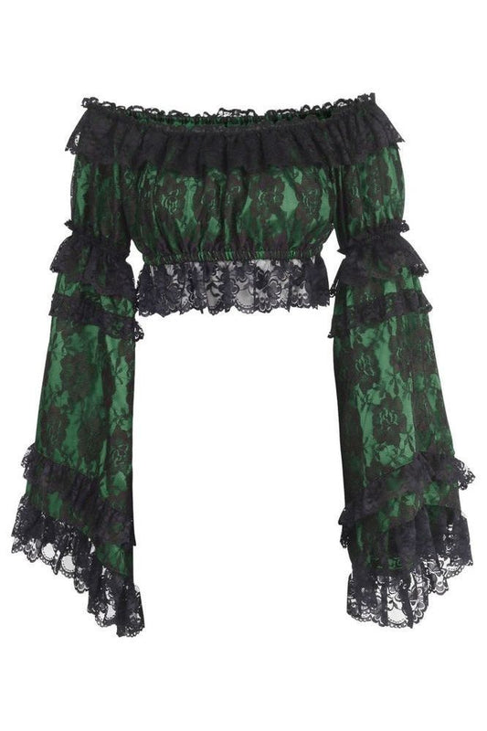 Green/Black Lace Smocked Flare Sleeve Peasant Top - Daisy Corsets