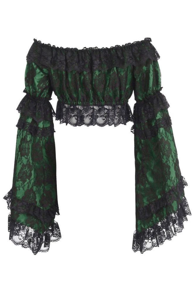 Green/Black Lace Smocked Flare Sleeve Peasant Top - Daisy Corsets