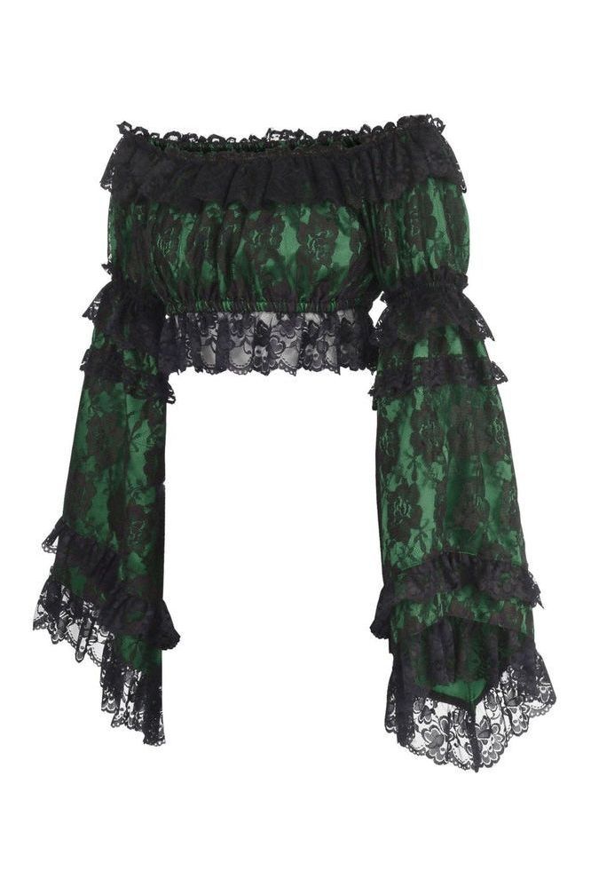 Green/Black Lace Smocked Flare Sleeve Peasant Top - Daisy Corsets