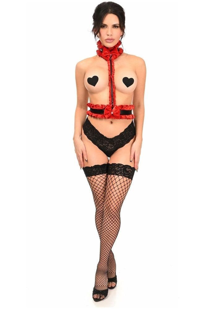 Kitten Collection Red Velvet & Faux Leather Single Strap Body Harness - Daisy Corsets