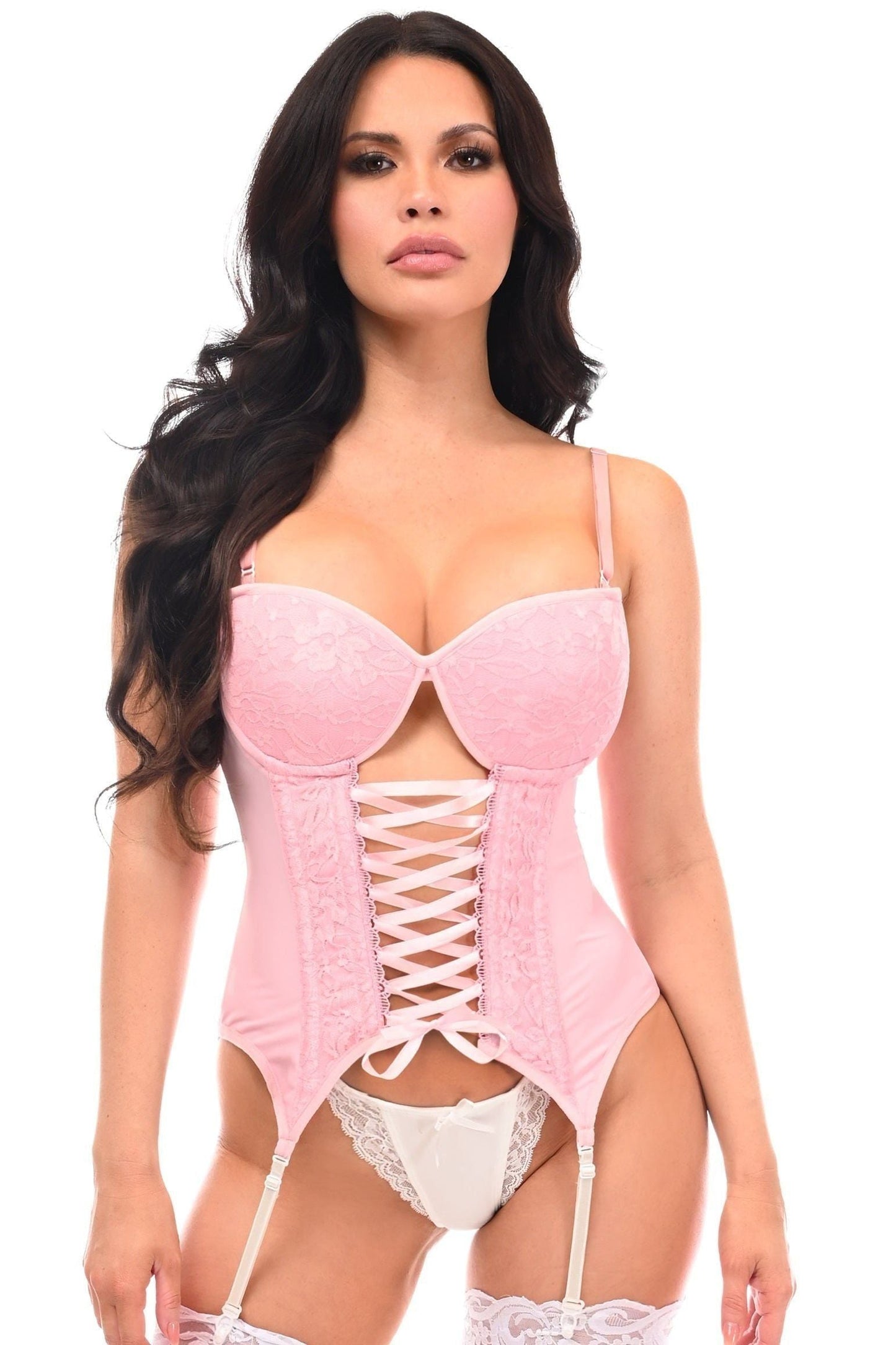 Lavish Lt Pink Lycra & Lace Hook & Eye Lace - Up Bustier Corset w/Garters - Daisy Corsets