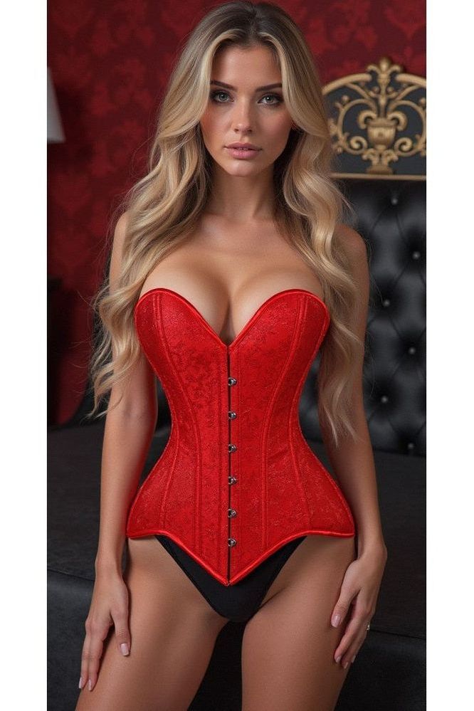 Lavish Red Brocade Overbust Corset W/Busk Closure - Daisy Corsets