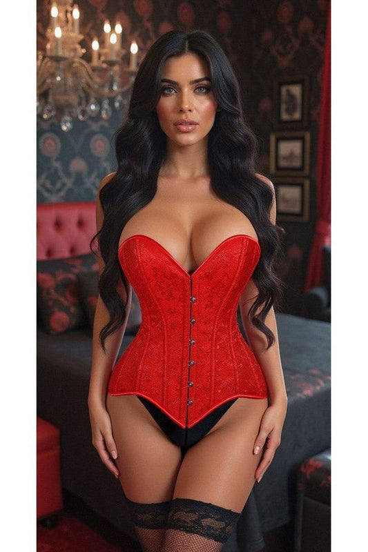 Lavish Red Brocade Overbust Corset W/Busk Closure - Daisy Corsets