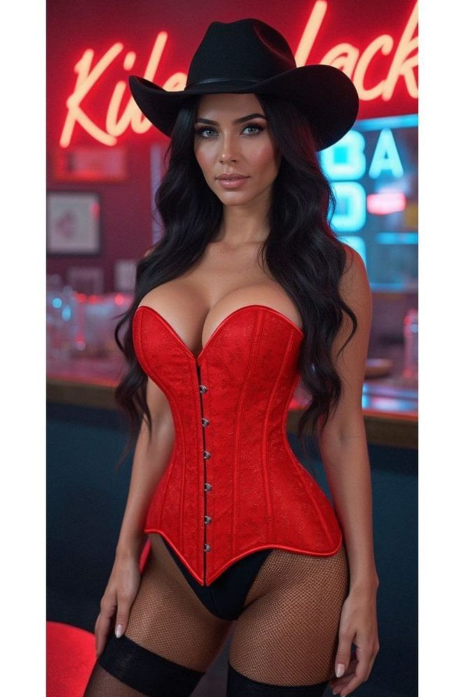 Lavish Red Brocade Overbust Corset W/Busk Closure - Daisy Corsets
