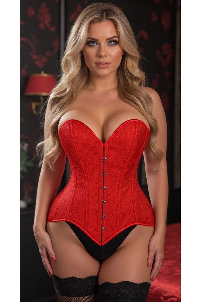 Lavish Red Brocade Overbust Corset W/Busk Closure - Daisy Corsets