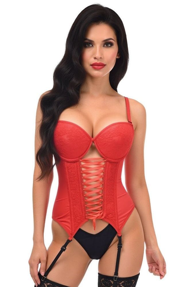 Lavish Red Lycra & Lace Hook & Eye Lace - Up Bustier Corset w/Garters - Daisy Corsets