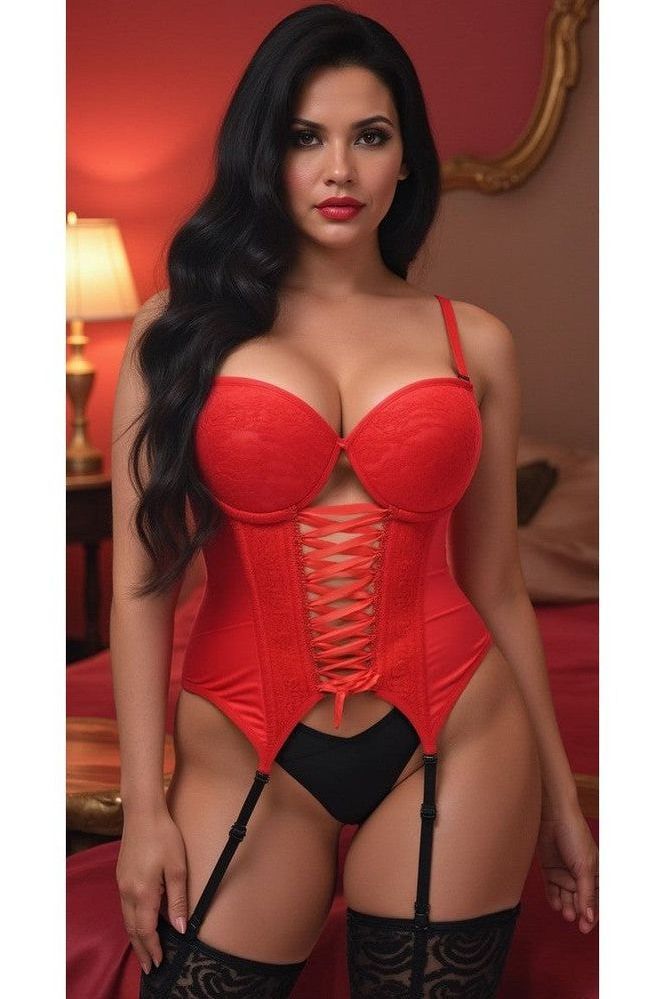 Lavish Red Lycra & Lace Hook & Eye Lace - Up Bustier Corset w/Garters - Daisy Corsets