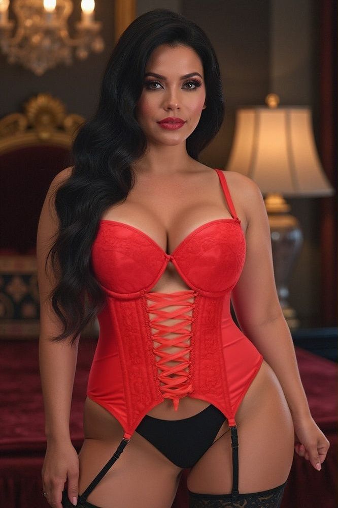 Lavish Red Lycra & Lace Hook & Eye Lace - Up Bustier Corset w/Garters - Daisy Corsets