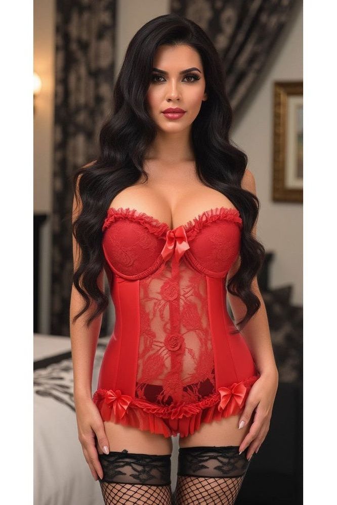 Lavish Red Lycra & Lace Hook & Eye Stretch Bustier Corset - Daisy Corsets